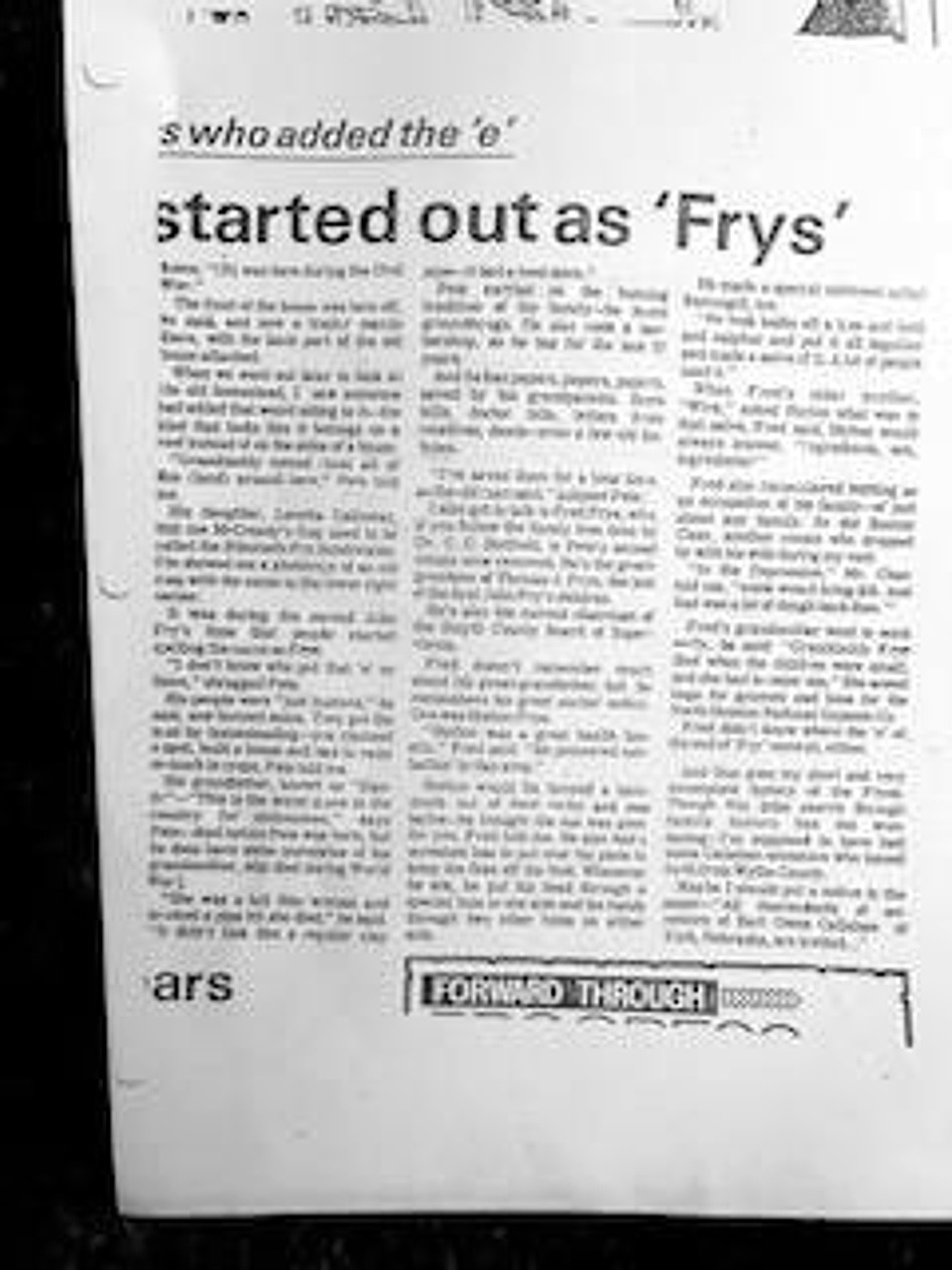 Small newspaper clipping with a visible headline reading started out as Frys.
